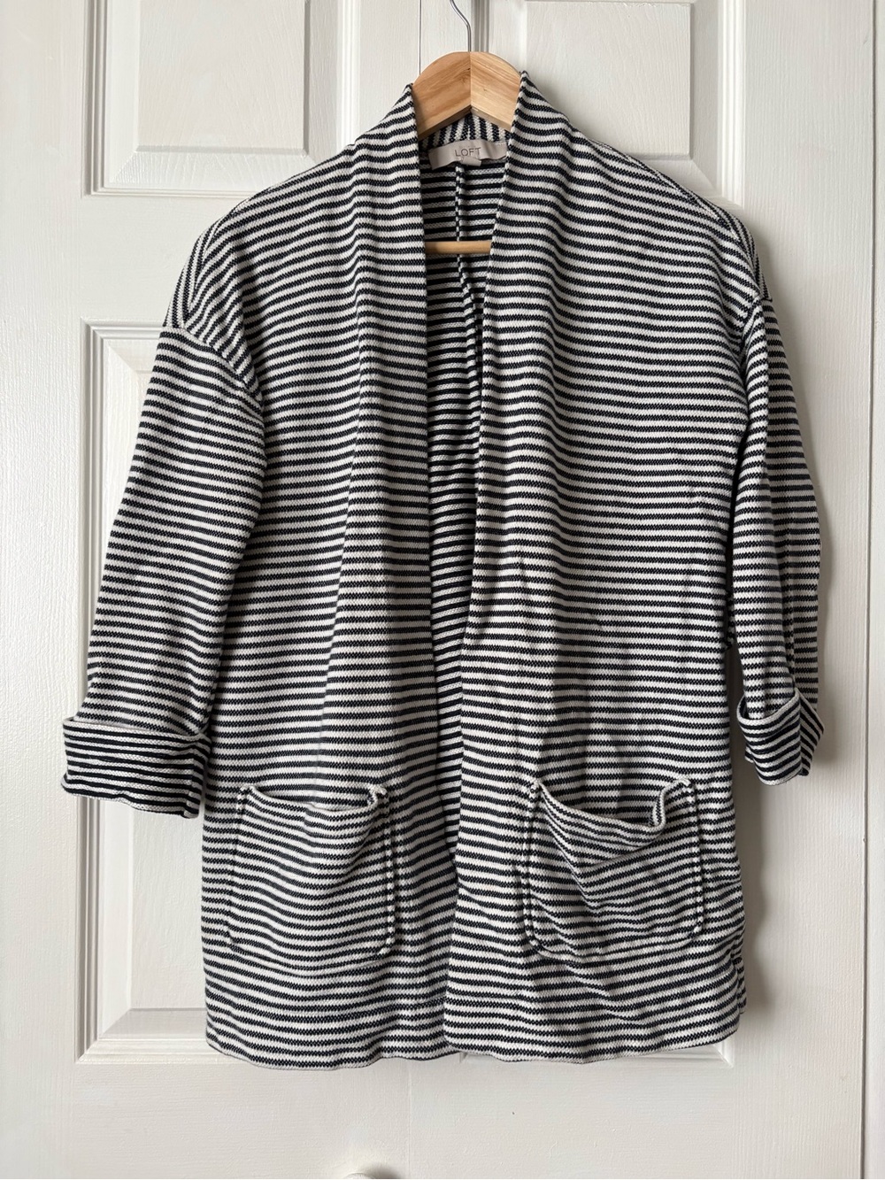LOFT Navy & White Striped Open-Front Cardigan